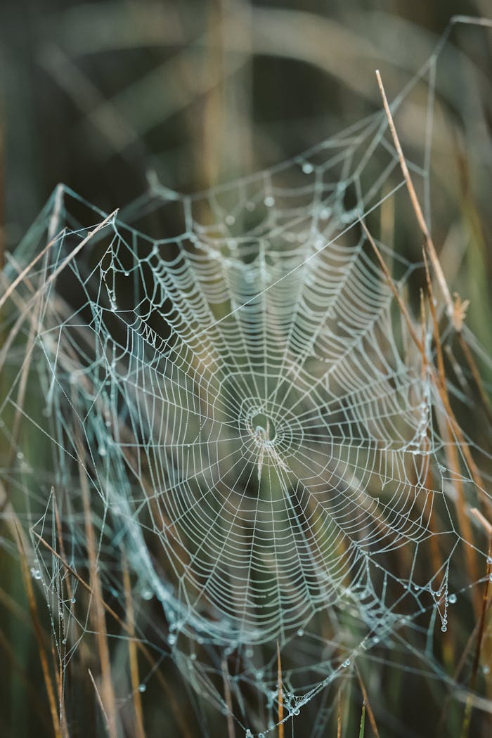 Close-up of a delicate spider web in tall grass, showcasing nature's intricate designs.